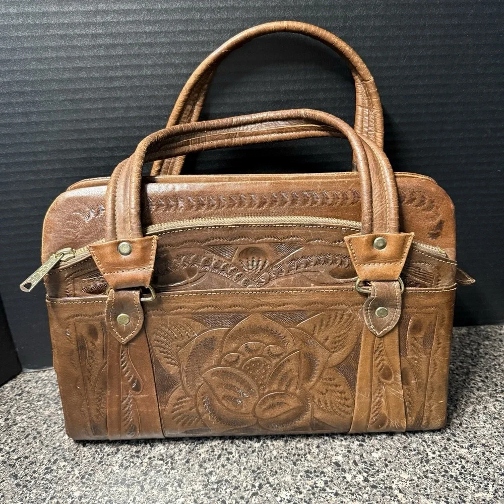 Vintage 80s Flores Bags Genuine‎ Leather Hand Tooled Satchel Purse Goat Mexico